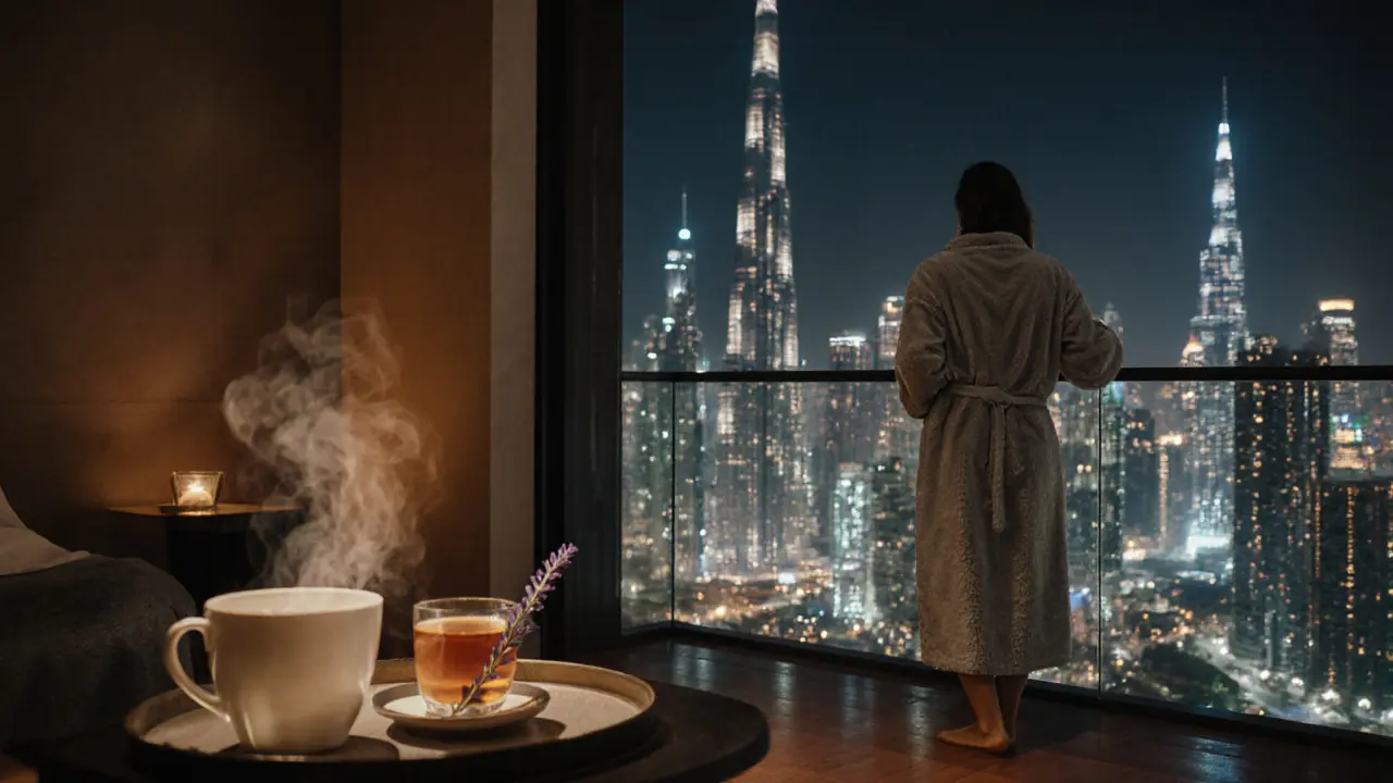 A relaxed client in a robe gazes at Dubai&#039;s illuminated skyline from a spa balcony.