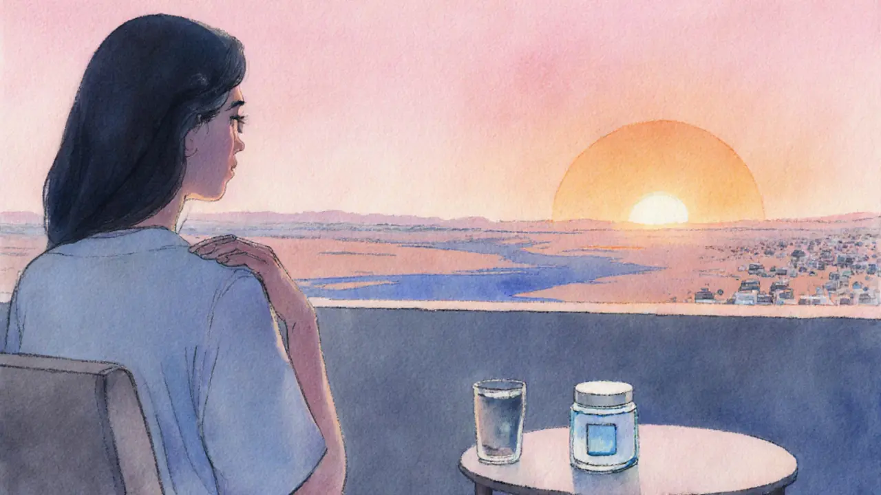 After‑care scene with water, gel, and sunrise over Dubai desert, showing support and calm.