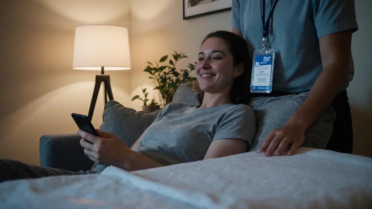 Client on a sofa confirming a booking on phone while therapist shows a badge and prepares a sterile cover.