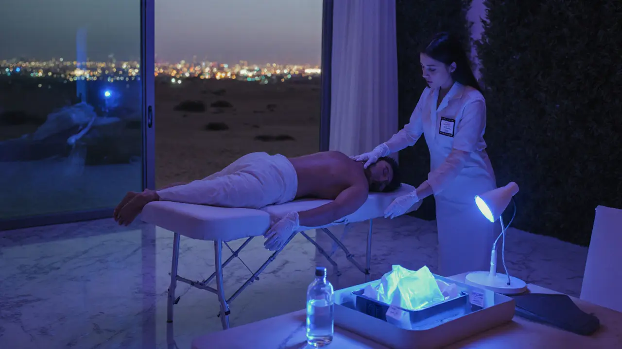Client receiving a home massage in a villa, with therapist wearing gloves and safety supplies visible.