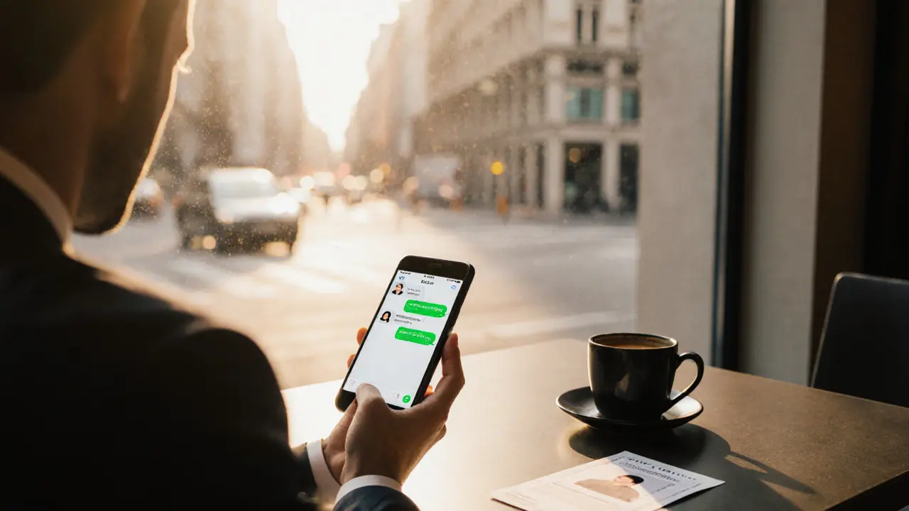 Close-up of encrypted phone chat and a man in a suit at a café, suggesting secure booking.