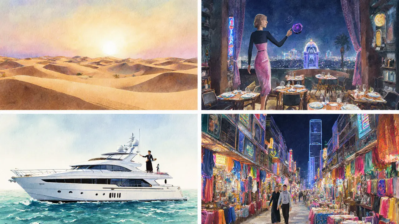 Collage of desert safari, yacht, rooftop bar, and souk with escort guiding.