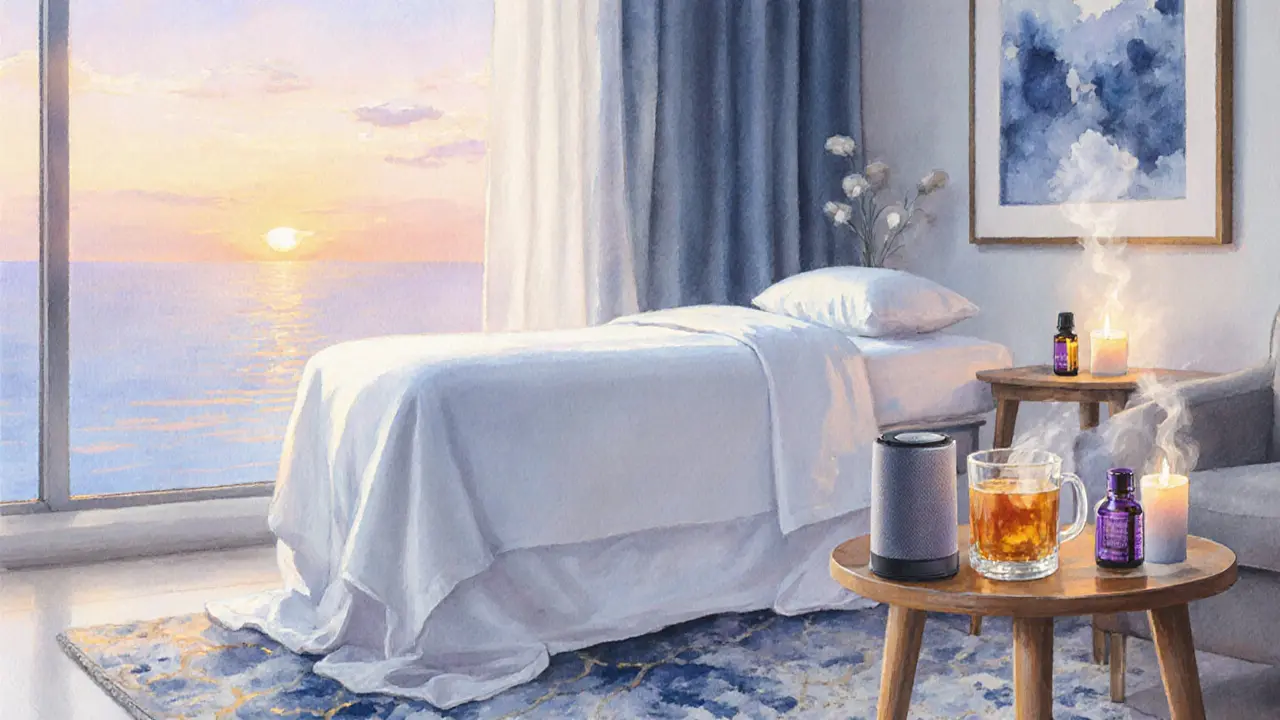 Cozy lounge with a set‑up massage table, candles, tea, and essential oil bottle.