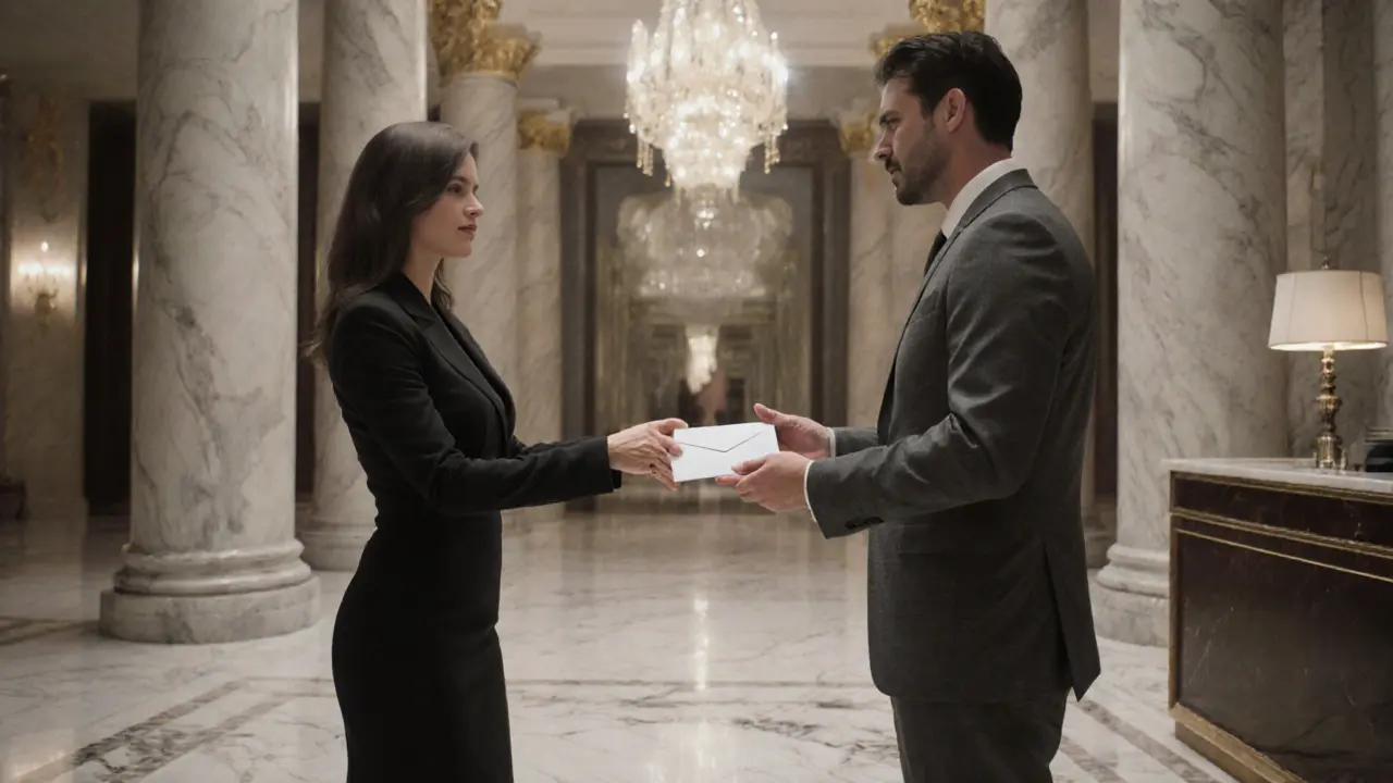 Discreet envelope handoff in an upscale hotel lobby.