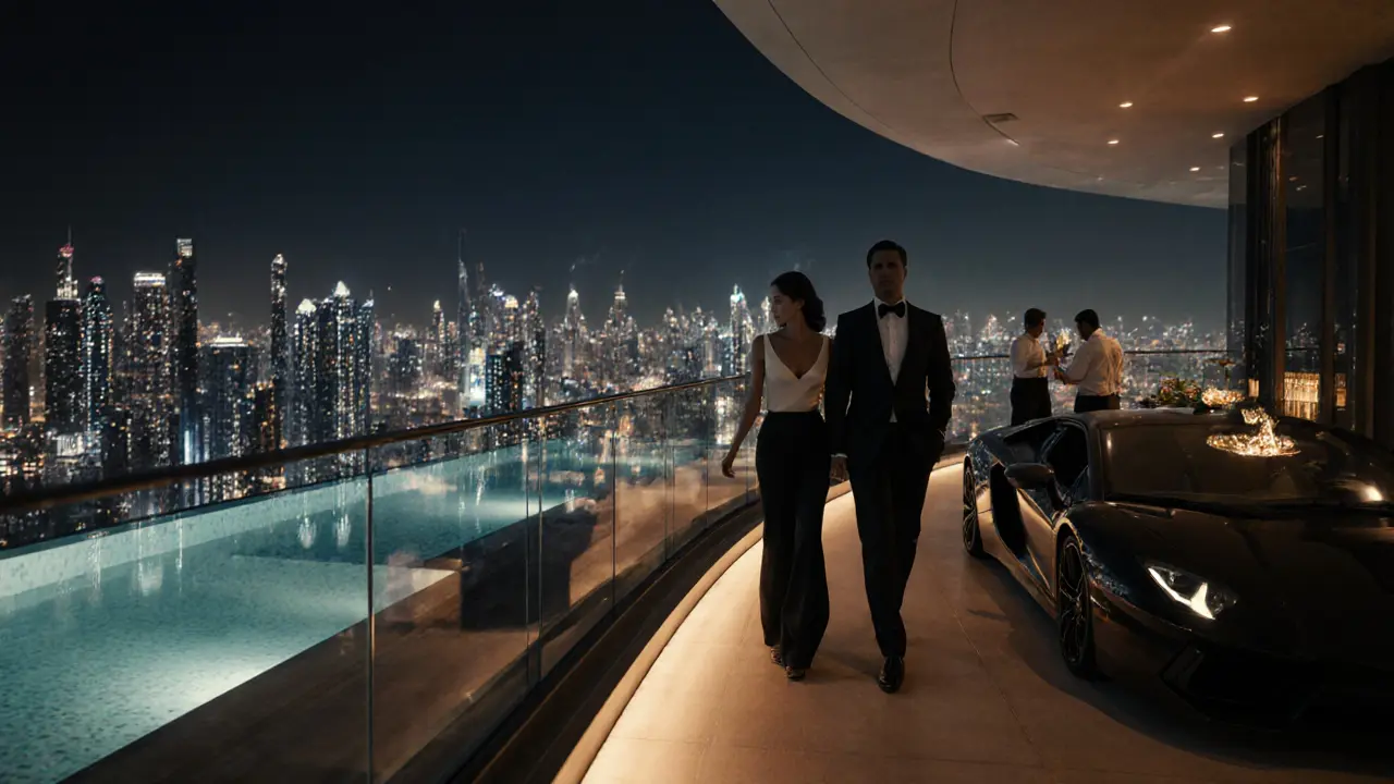 Elegant couple walking on a rooftop bar with Dubai skyline at night.