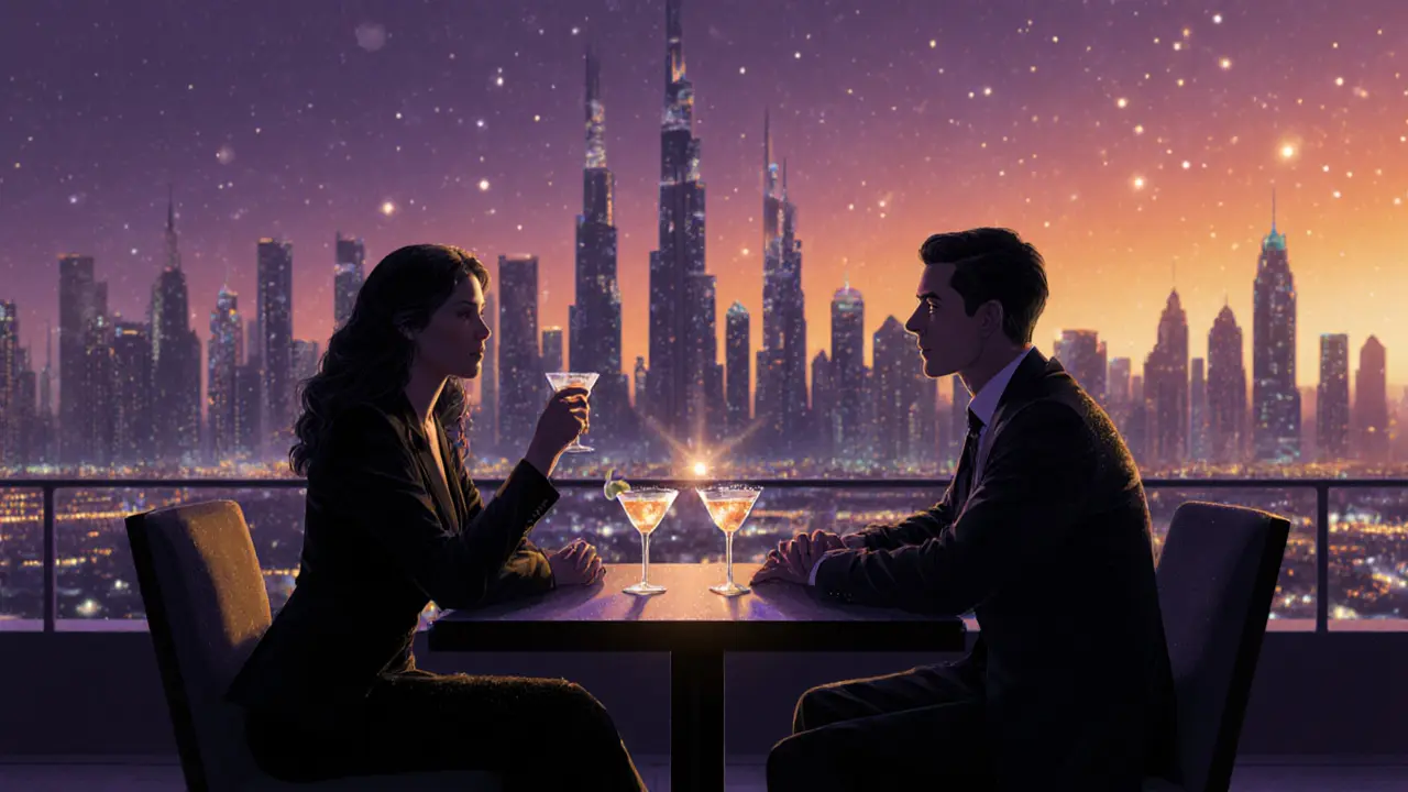 Escort and client enjoying drinks at a rooftop bar with Dubai city lights.