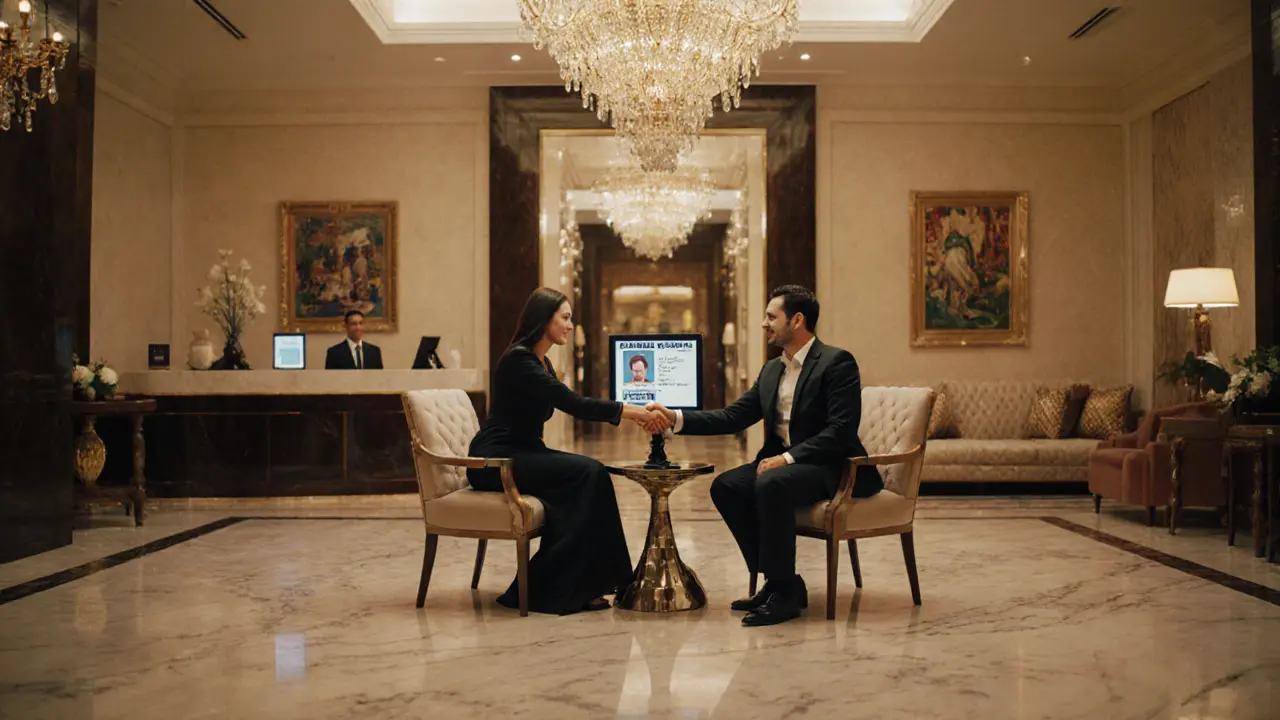 Escort and client verifying ID while shaking hands in a luxury hotel lobby.
