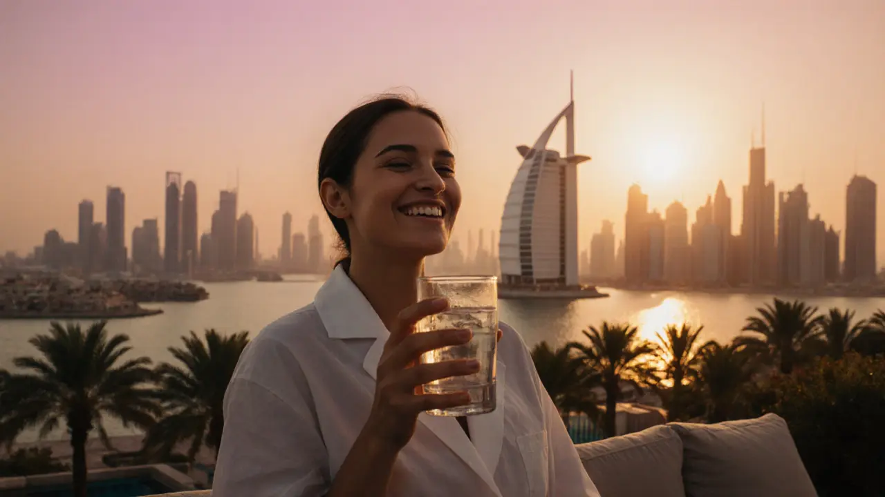 Happy visitor leaving a spa, holding infused water, with Dubai skyline at sunset.