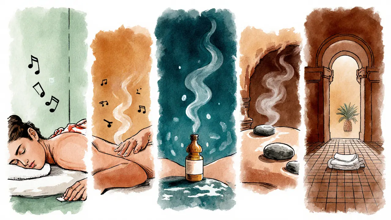Illustrated collage of five massage styles in Dubai, each shown in its distinct setting.