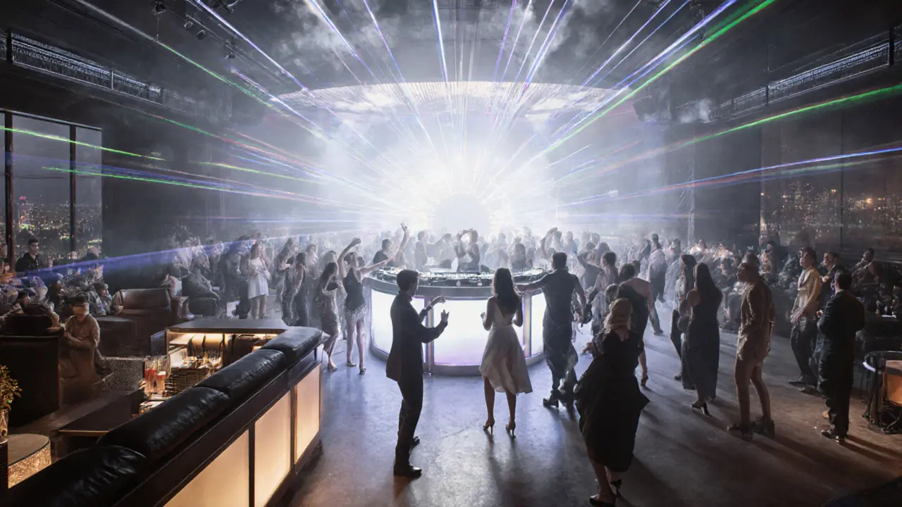 Inside a club showing a light show, DJ booth, and upscale crowd.