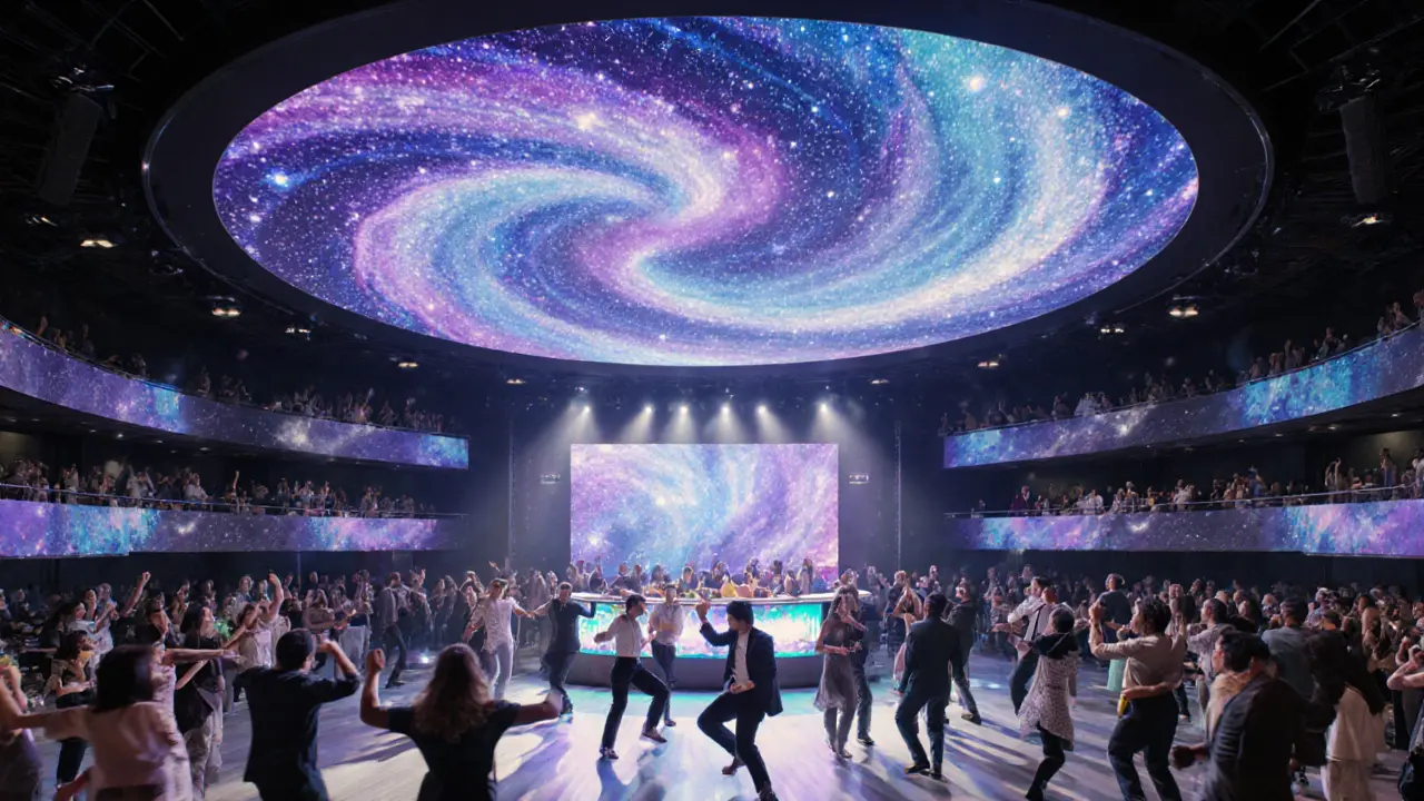 Inside White Dubai dance floor with galaxy LED ceiling and energetic crowd.
