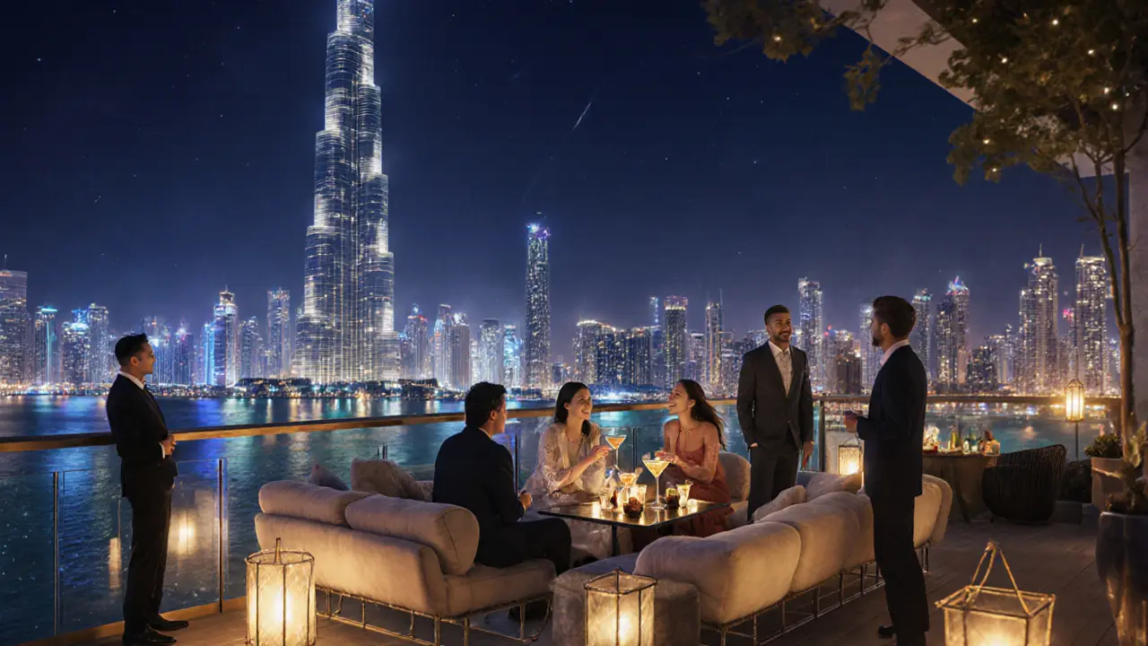 Rooftop lounge with Burj Khalifa backdrop, people socializing over drinks.