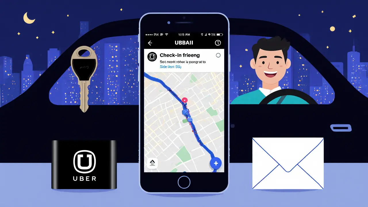 Safety checklist illustration with phone, map, power bank, and Uber car.