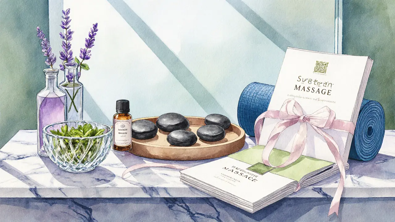 Spa display of aromatherapy bottles, hot stones, Thai mat and Ayurvedic herbs on a marble surface.