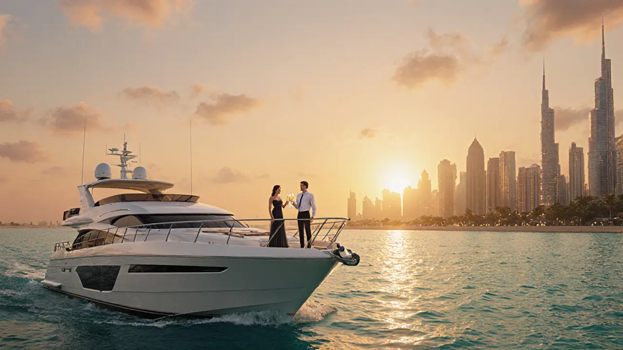 Sunset yacht scene with companion and client near Palm Jumeirah.