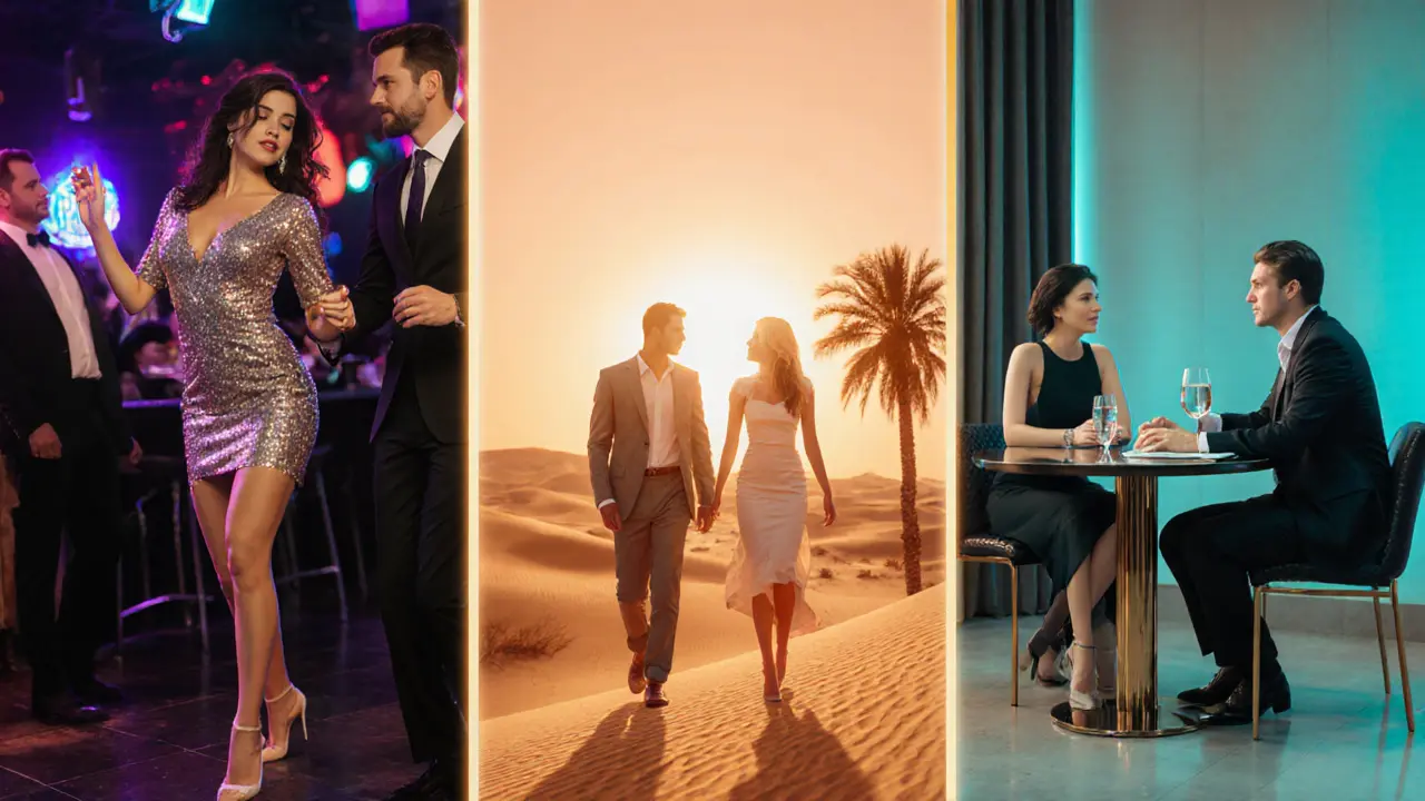 Three panels showing nightlife, desert safari, and business lounge companion services.