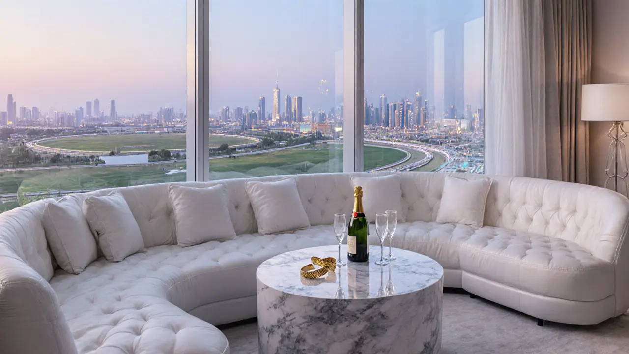 VIP lounge with champagne bottle and rooftop skyline view at White Dubai.