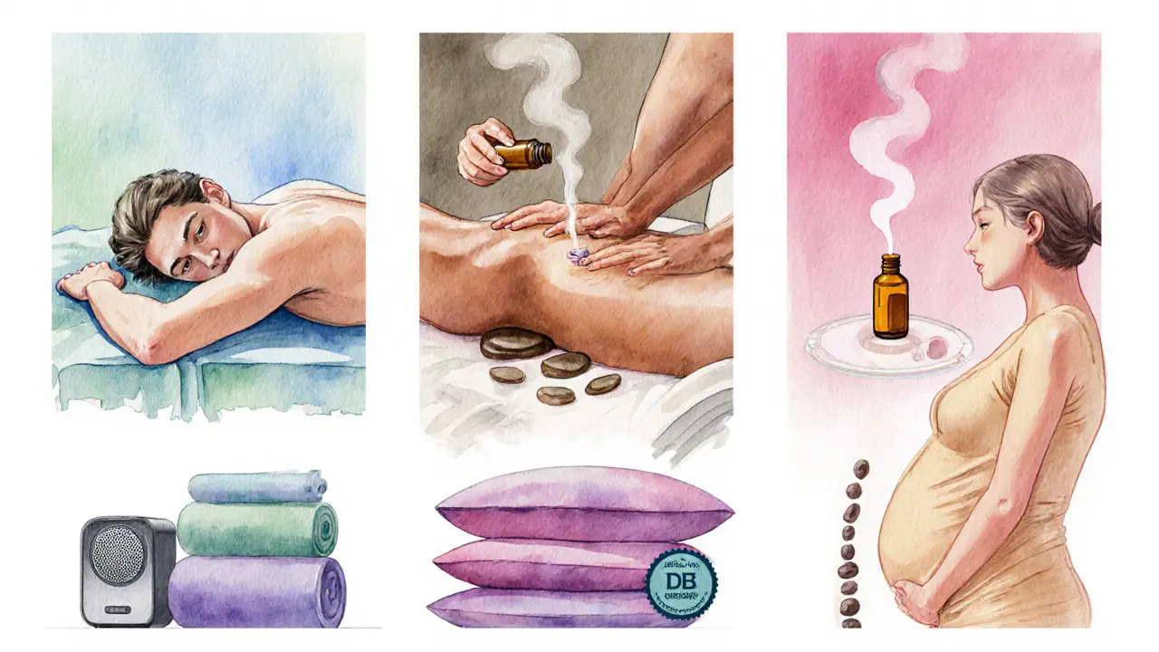 Watercolor strip showing Swedish, Deep Tissue, Aromatherapy, Hot Stone, and Prenatal home massages.