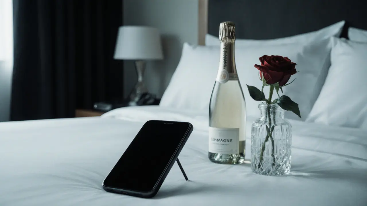 A burner phone and champagne on a hotel nightstand beside a single rose, evoking secrecy and silence.