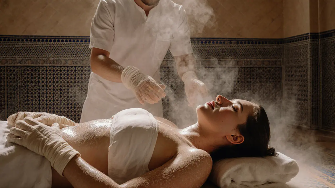 A client undergoing a traditional Arabic Hammam ritual in a steam-filled tiled chamber, with rosewater mist and intricate tilework in the background.
