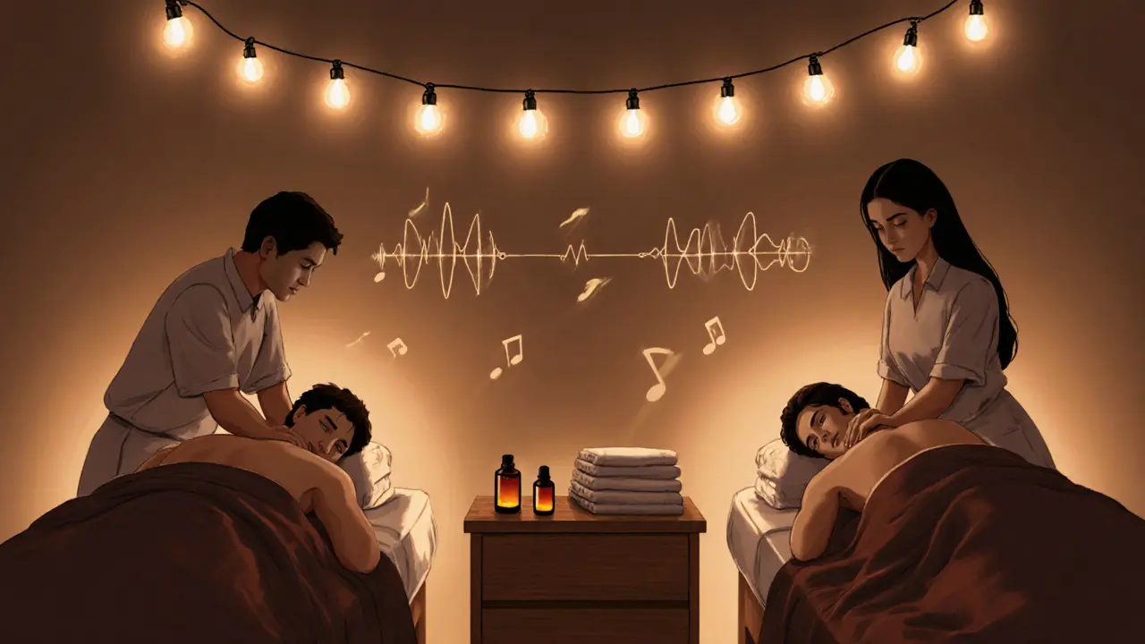 A couple enjoying side-by-side home massages in a cozy bedroom with ambient lighting and calming decor.