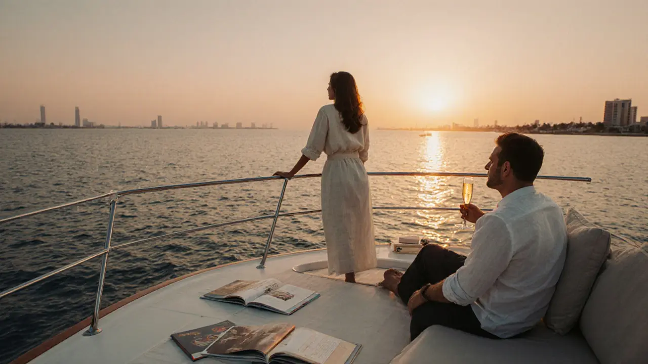 A couple enjoys a private sunset yacht ride along Palm Jumeirah, with books and champagne on deck.