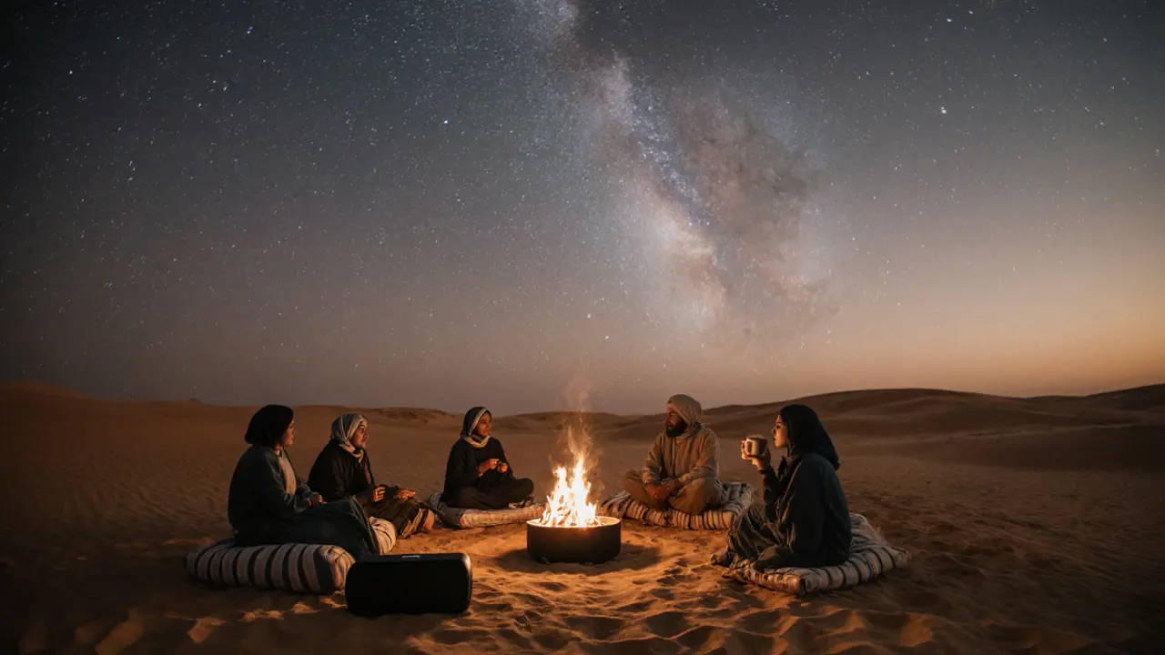 A desert camp at sunrise with people resting around fire pits, music playing softly, Milky Way visible above.