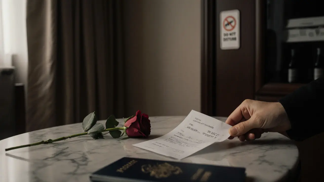 A digital payment receipt and passport on a hotel table with a rose, no faces visible.