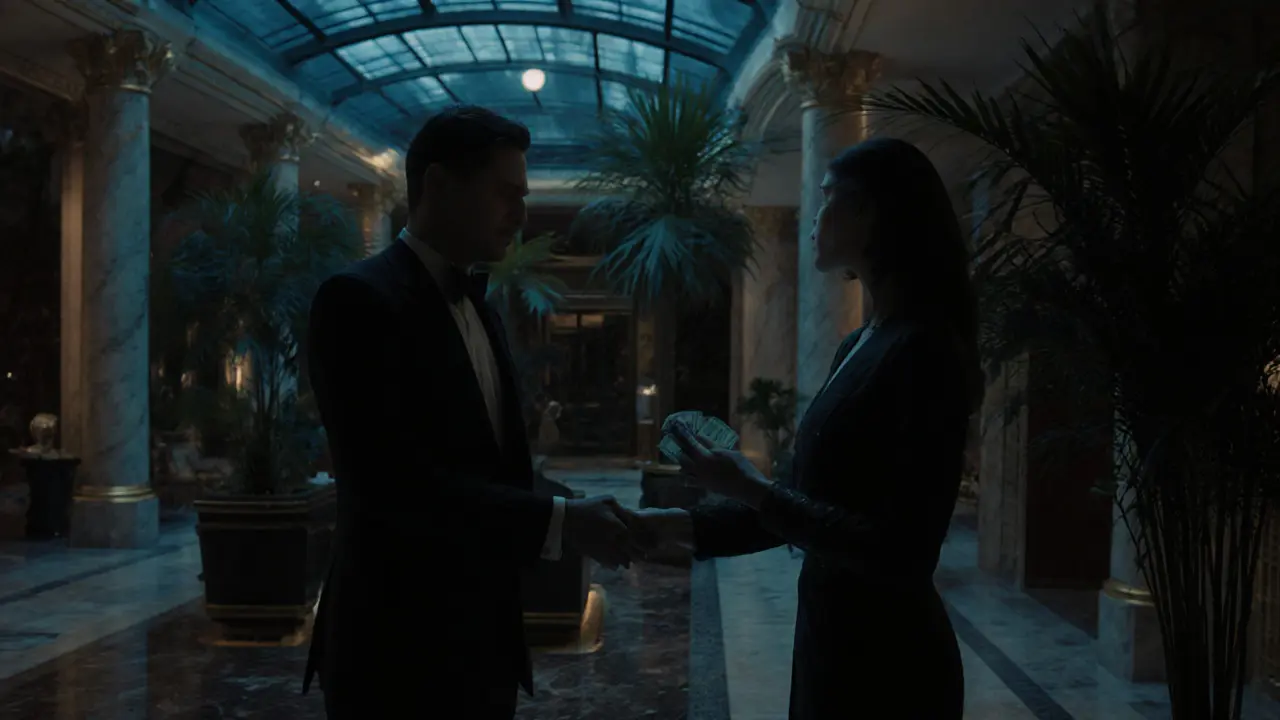 A discreet cash exchange in a luxury hotel lobby, figures partially shadowed for privacy.