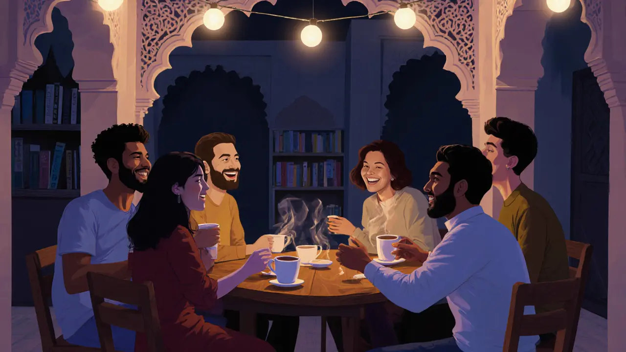 A diverse group of expats laugh together at a cozy outdoor meetup in Al Seef, sharing coffee under soft string lights.