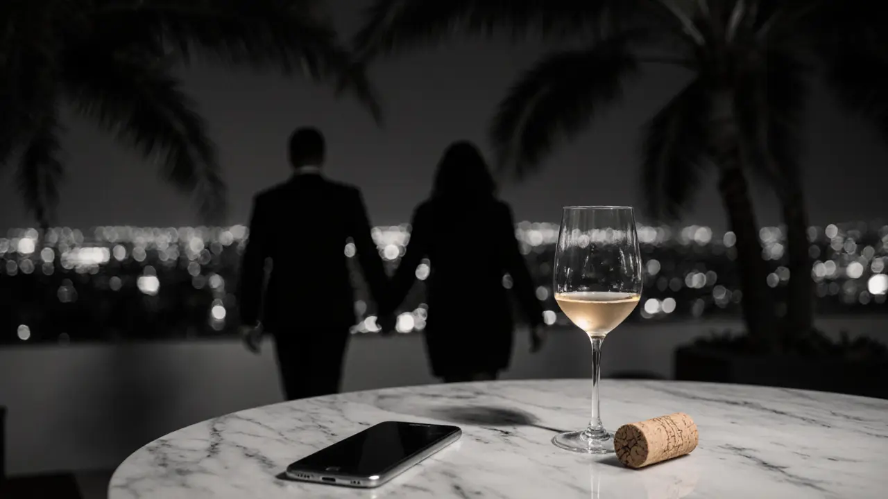 A half-finished wine glass with cork left on the table, silhouettes walking away under palm trees in a private rooftop lounge.