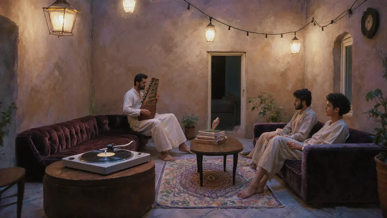 A hidden courtyard in Jumeirah at dawn, people listening to live oud music on velvet couches under lantern light.