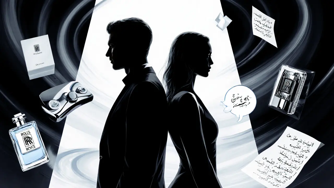 A male and female model stand in a sophisticated lounge, surrounded by abstract symbols of luxury and culture.