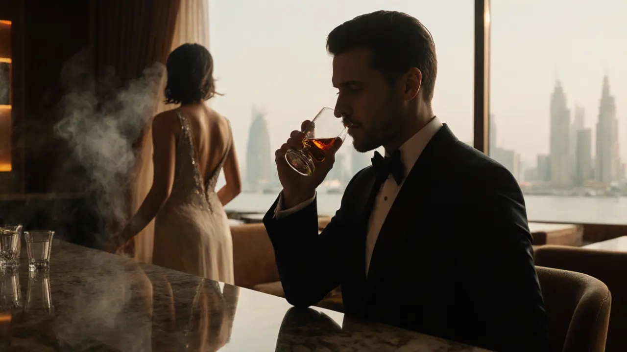 A man and woman in elegant attire in a dimly lit private lounge, quietly sharing a moment without physical contact.