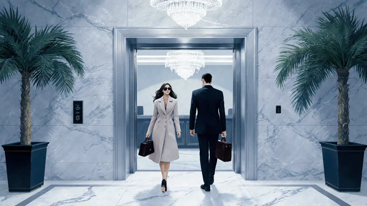 A man and woman meeting discreetly in a luxury hotel lobby, conveying quiet professionalism and privacy.
