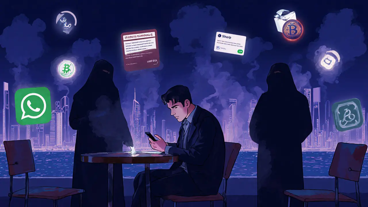 A man looking worried at his phone amid shadowy scam ads in a Dubai café.