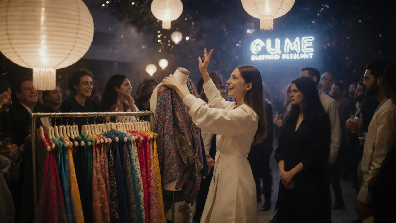 A model introduces a fashion piece at a pop-up event in Dubai Design District, surrounded by engaged attendees.
