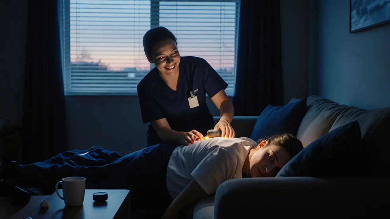 A nurse relaxing on her couch as a therapist begins a massage after a long night shift, dawn light filtering through the window.