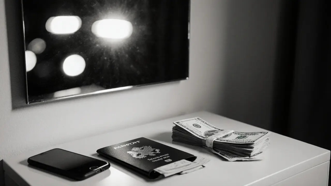 A passport and burner phone on a hotel desk with cash, reflecting police sirens in a mirror.