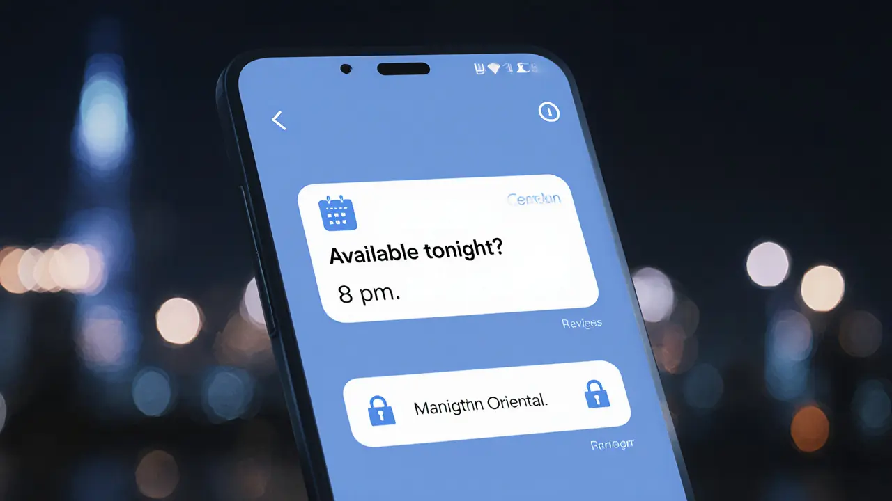 A private messaging interface on a smartphone showing a discreet companion service booking, no faces visible.