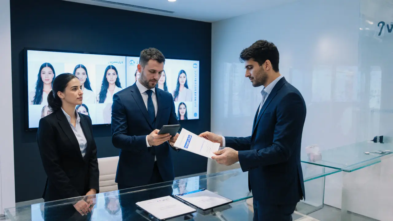 A professional agency office in Dubai with digital profiles and a client reviewing a booking confirmation on a tablet.