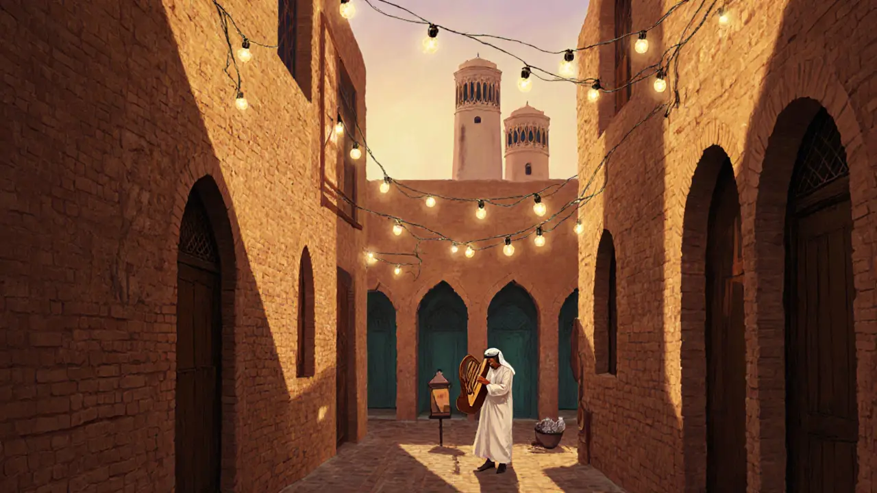 A quiet alley in Al Fahidi at golden hour, with wind towers, oud music, and string lights glowing above mud-brick walls.
