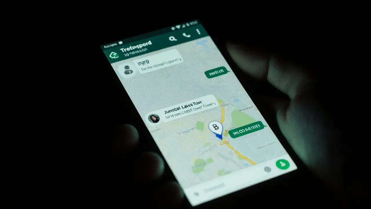 A smartphone screen shows encrypted WhatsApp messages and a crypto payment for a private meeting in Dubai.
