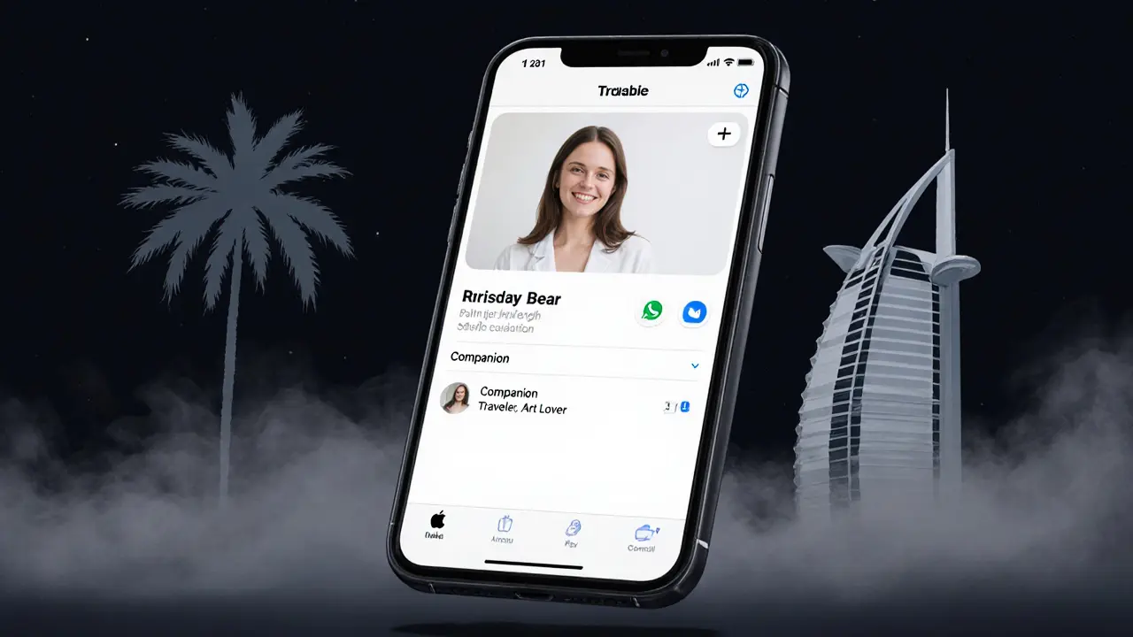 A smartphone showing a minimalist companion profile with Dubai landmarks fading in the background.