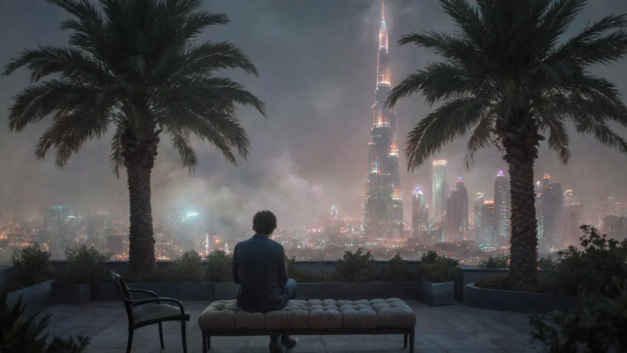 A solitary person on a Dubai rooftop at night, an empty chair beside them symbolizing companionship.