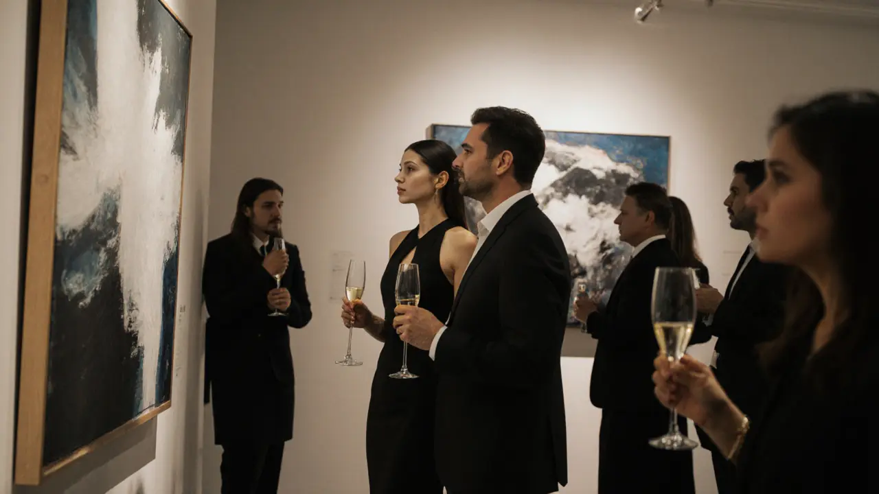 A sophisticated woman and man observing art at an exclusive Dubai gallery opening, surrounded by discreet guests.