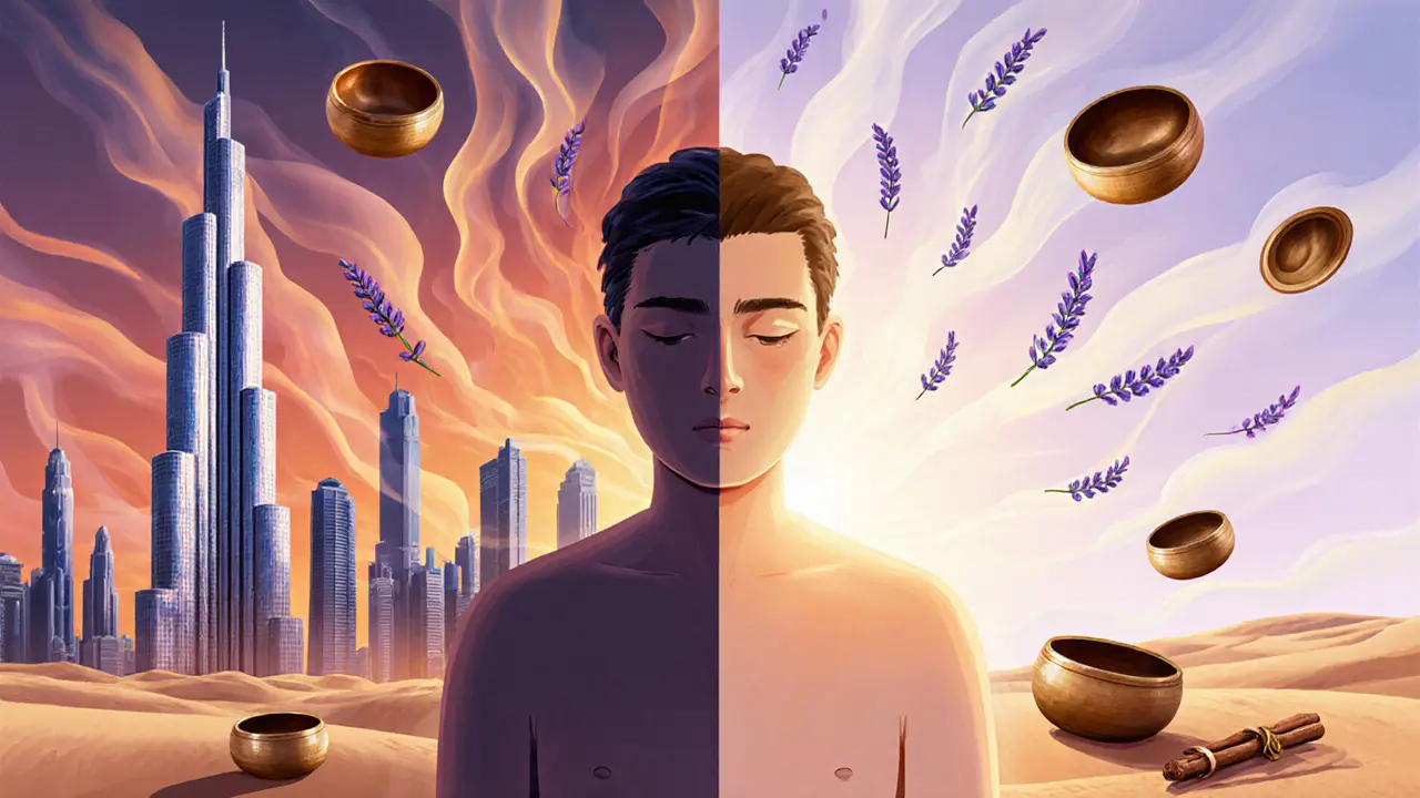A split-image concept showing a stressed person transforming into a calm, glowing version surrounded by calming elements like lavender and singing bowls.