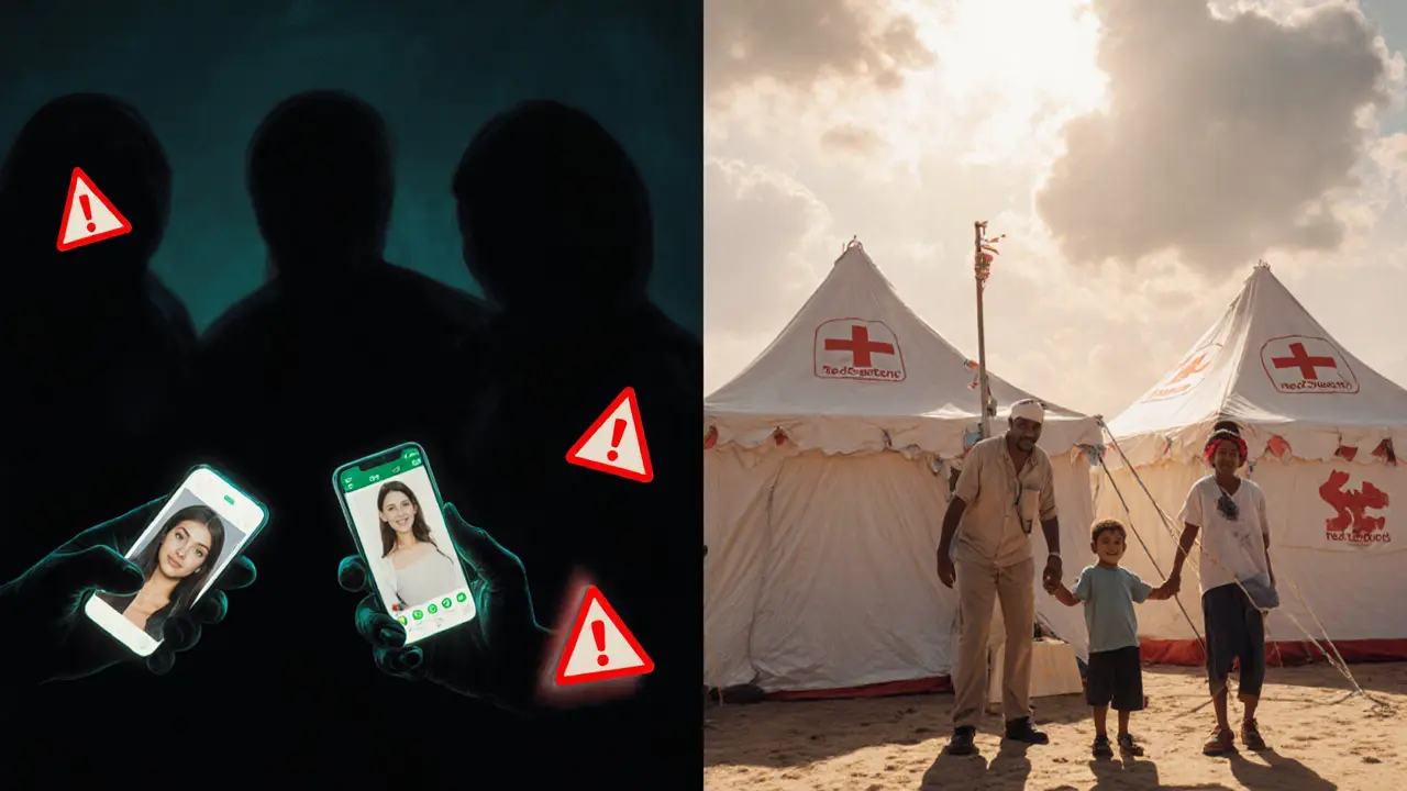 A split image contrasting digital scams with real human connection—warning symbols on one side, volunteer kindness on the other.