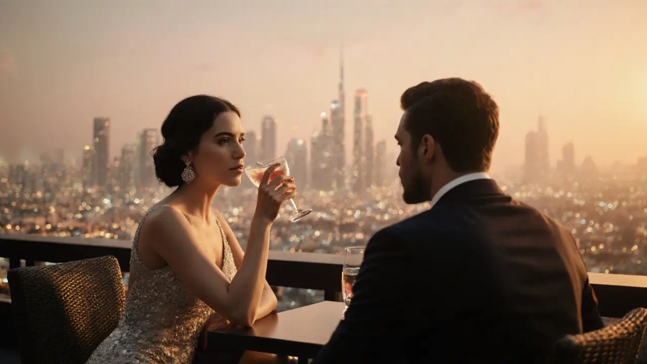 A well-dressed companion and client at a rooftop bar in Dubai, sharing a quiet moment.