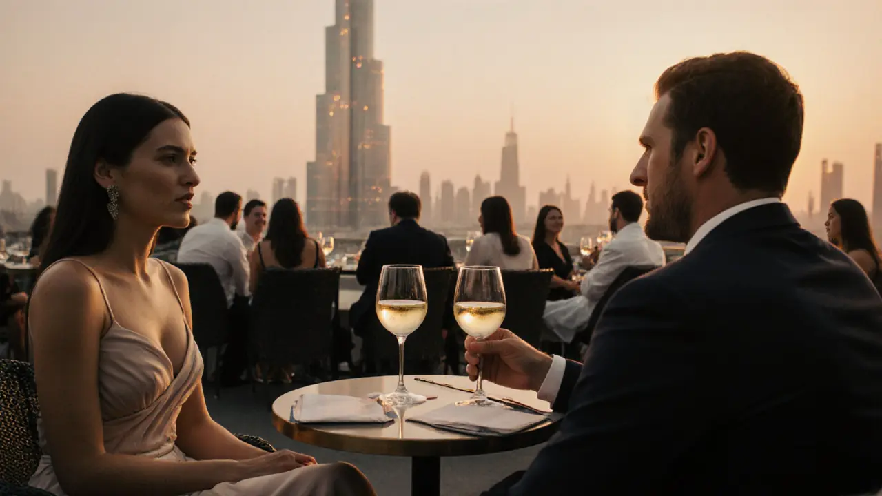 A well-dressed woman and man enjoying wine at a rooftop lounge in Dubai, surrounded by the city’s glowing skyline.
